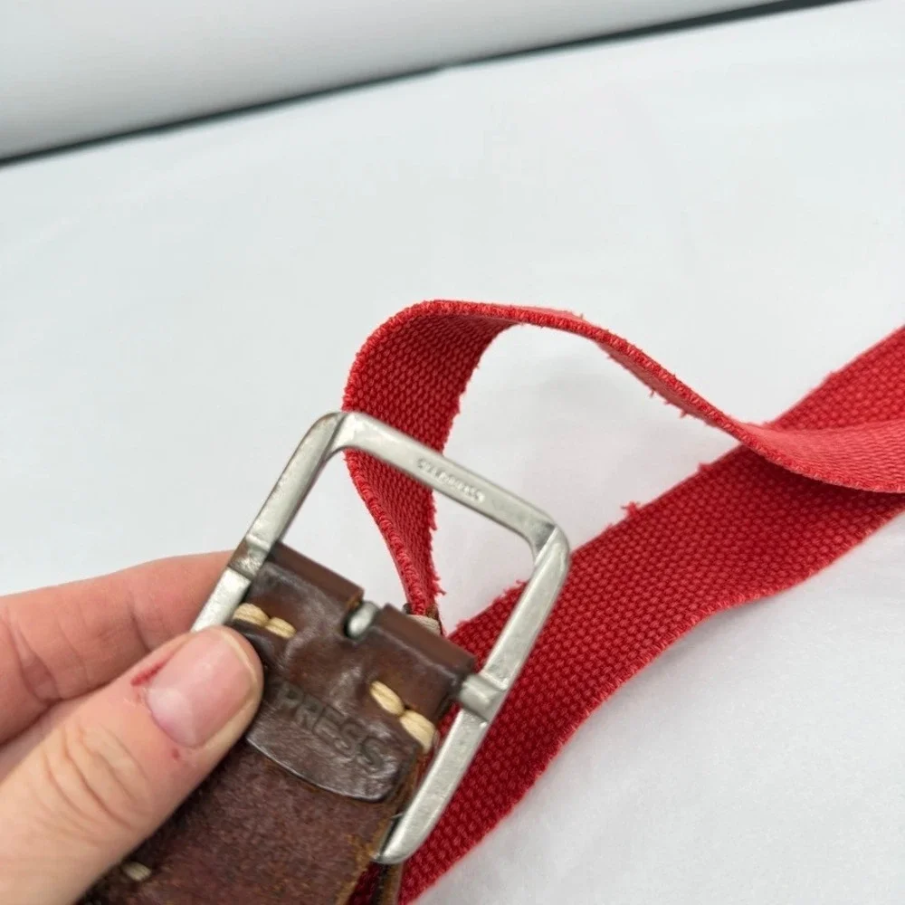 Express Belt Canvas Leather Trim Solid Brass Buckle Casual Mens Unisex Size 38*